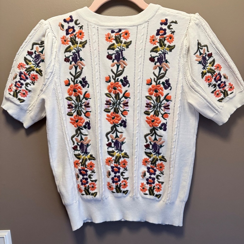 Floral Embroidered Short Sleeve Knit Sweater Top White Puff Sleeve Cottagecore - Picture 5 of 5